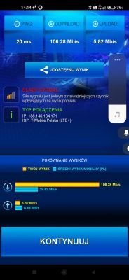 Zrzut ekranu z wynikami testu prędkości internetu mobilnego.