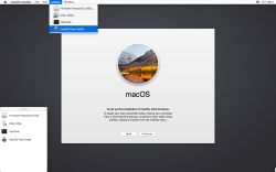 Ekran instalatora macOS z otwartym menu narzędzi.