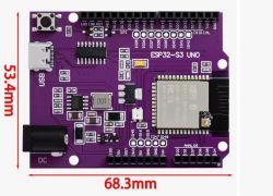 Purple ESP32-S3 UNO board with dimensions 53.4 mm by 68.3 mm