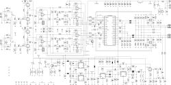 Schemat elektroniczny wzmacniacza audio z układami operacyjnymi, zasilaniem i stopniem mocy w jednej planszy