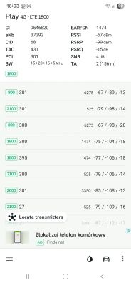 Zrzut ekranu z aplikacji pokazujący parametry sygnału LTE dla sieci Play 4G