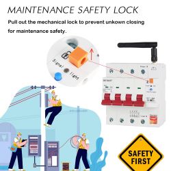 Three-Phase Energy Meter with Safety Lock Three-phase energy meter with safety lock mechanism and graphic of utility workers.