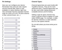 Screenshot of pin settings and channel types in device configuration system.