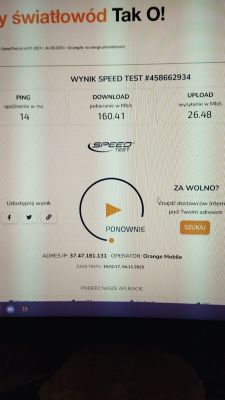 Wynik testu prędkości internetu Orange Mobile: 160,41 Mb/s pobierania, 26,48 Mb/s wysyłania
