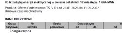 Fragment faktury: zużycie 1 664 kWh i produkt „Oferta Podstawowa TS IV R1” z tabelą danych odczytowych.