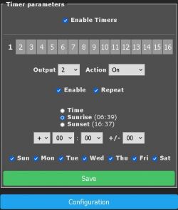 Screenshot of timer settings with options for sunrise/sunset trigger.