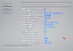 Screenshot of drive information from a computer system interface, showing details about disk status, number of blocks, and speed.