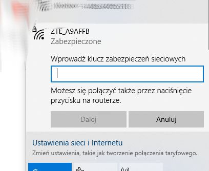 Okno logowania do sieci Wi-Fi ZTE_A9AFFB z polem na hasło zabezpieczeń