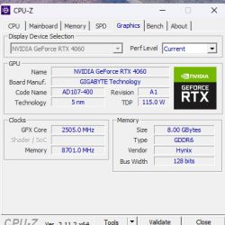 Zrzut ekranu programu CPU-Z z zakładką Grafika ukazujący informacje o karcie graficznej NVIDIA GeForce RTX 4060.