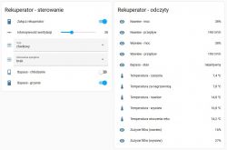 Zrzut ekranu panelu sterowania i odczytów rekuperatora w Home Assistant