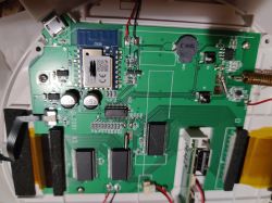 Inside of weather station showing CB3S Wi-Fi module mounted on green PCB