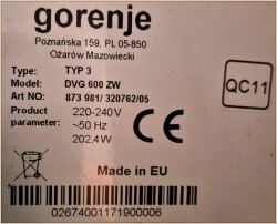 Tabliczka znamionowa urządzenia Gorenje z danymi technicznymi.