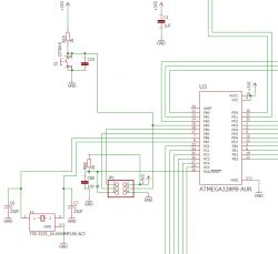 Schemat połączeń z procesorem ATmega328PB i rezonatorem kwarcowym.