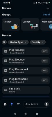 Alexa app screenshot showing devices Plug1Lounge, Plug2Lounge, Plug3Bedroom1, Plug4Bedroom2 with Off toggles