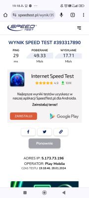 Wynik testu prędkości internetu z aplikacji SpeedTest.pl z opóźnieniem 29 ms, pobieraniem 49.33 Mb/s i wysyłaniem 17.71 Mb/s.