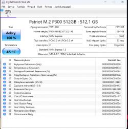 Zrzut ekranu programu CrystalDiskInfo pokazujący informacje o dysku Patriot M.2 P300 512GB.
