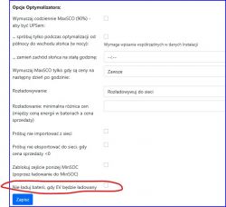 Zrzut ekranu przedstawiający opcje optymalizacji w oprogramowaniu do zarządzania energią.