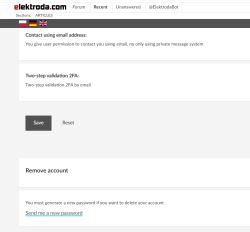 Screenshot of elektroda.com account settings showing email contact, 2FA by email, and account removal options