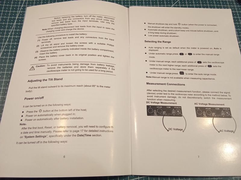 Instrukcja obsługi z opisem przycisków i połączeń multimetr oscyloskopowego.