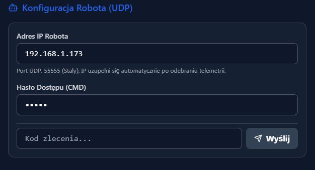 UDP robot configuration interface with IP, password, and command code fields