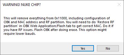 Warning dialog about full chip erase including RF and MAC configuration