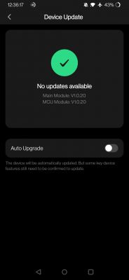 Device Update Screen Device update screen showing no updates available for Main Module and MCU version 1.0.20.