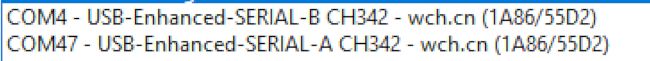 Two CH342 COM ports shown as COM4 and COM47 in Device Manager.