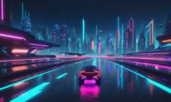 Futuristic City with Neon Lights Futuristic city at night with neon lights reflecting on wet streets, flying cars in the sky.