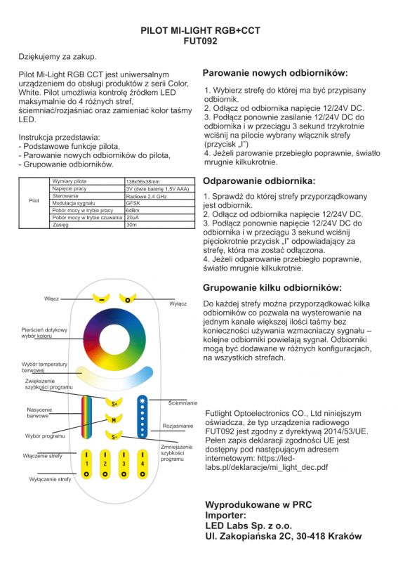 Instruction manual for the MI-LIGHT RGB+CCT FUT092 remote control.