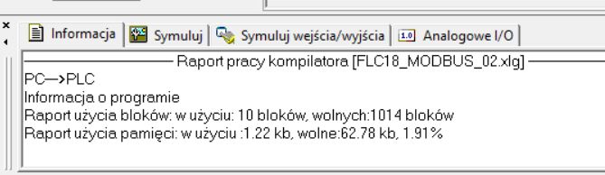 Zrzut ekranu okna programu z raportem pracy kompilatora PLC i informacją o użyciu bloków i pamięci.