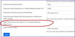 Opcja zmiany trybu na 'Zero Export To CT' w aplikacji konfiguracyjnej dla Deye.