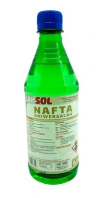 Zielona butelka nafty uniwersalnej Laksol z niebieską nakrętką.