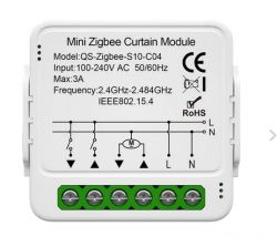 Mini Zigbee Curtain Module QS-Zigbee-S10-C04 Mini Zigbee curtain module, model QS-Zigbee-S10-C04, with technical information on the casing.