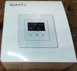 White AVATTO product box with a thermostat LCD display graphic on a wooden surface
