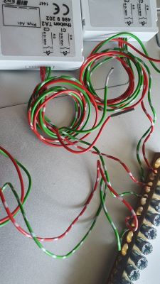 Theben TA2 modules with red and green wires on a table.