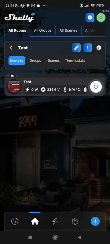 Shelly app screen with connected device showing 236.6 V and 0 W power