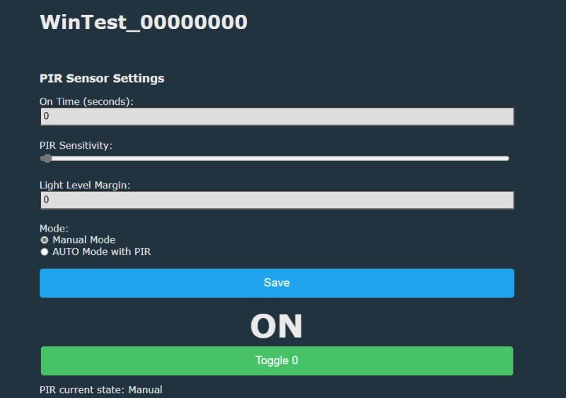 PIR Sensor Settings Panel PIR sensor settings panel with sliders and control buttons on a dark background.