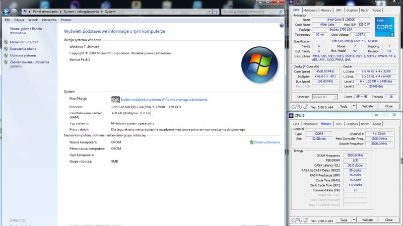 Zrzut ekranu systemu Windows 7 Ultimate i danych CPU-Z dla procesora i pamięci DDR5