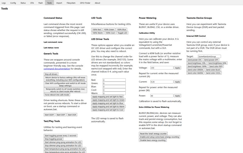 Screenshot of Tasmota's configuration tools tab with various test and utility sections.