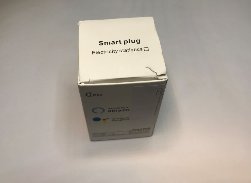 Smart Plug Packaging Box of a smart plug with the label Smart plug and Electricity statistics.