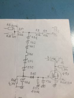 Hand-drawn circuit diagram with electronic components, including a MOSFET BSS138N marked as Q5.