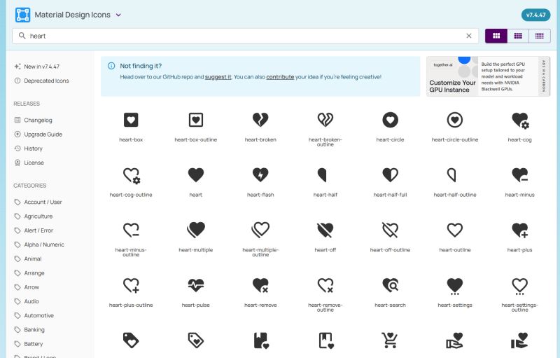 Heart Icon Search Results in Material Design Icons Material Design Icons search results for heart, showing various heart-related icon variants.