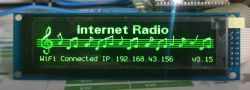 OLED display showing the text Internet Radio with connected WiFi and IP address and software version information.