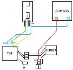 Diagram of a connection setup between T34, BL0937, and FT232RL with 3.3V power supply.