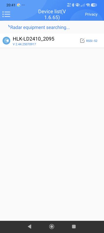 App screen showing detected sensor HLK-LD2410_2095 with RSSI signal -52