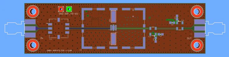 DAB+ Amplifier on a Printed Circuit Board DAB+ amplifier circuit with components mounted on a printed circuit board.