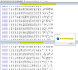 Comparison of two binary files in a hex editor with a message indicating the files are identical.