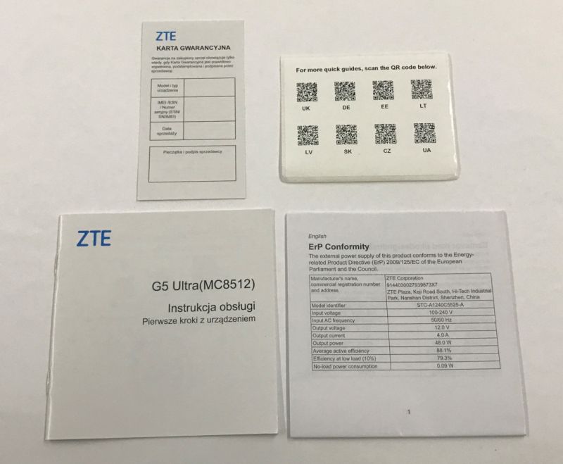Dokumentacja routera ZTE G5 Ultra MC8512: instrukcja, gwarancja, karta QR i karta ErP