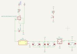 Zrzut schematu KiCad z mostkiem prostowniczym, stabilizatorami 5 V i 3,3 V oraz LED.