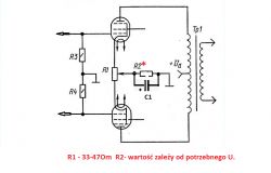 Schemat elektryczny układu push-pull z elementami R1, R2, R3, R4 i C1 oraz transformator Tp1.